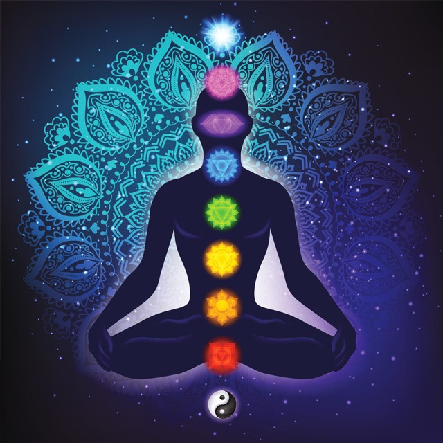 Quantum Field Meditation - Chakra energy visualization with seven luminous energy centers aligned along the spine during deep meditation