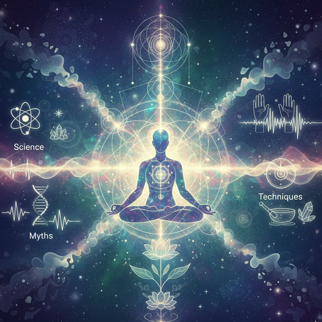 Quantum field theory visualization showing energy centers and cosmic consciousness patterns