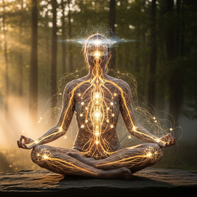 Walking quantum meditation visualization showing energy flow between earth, body, and cosmic quantum field